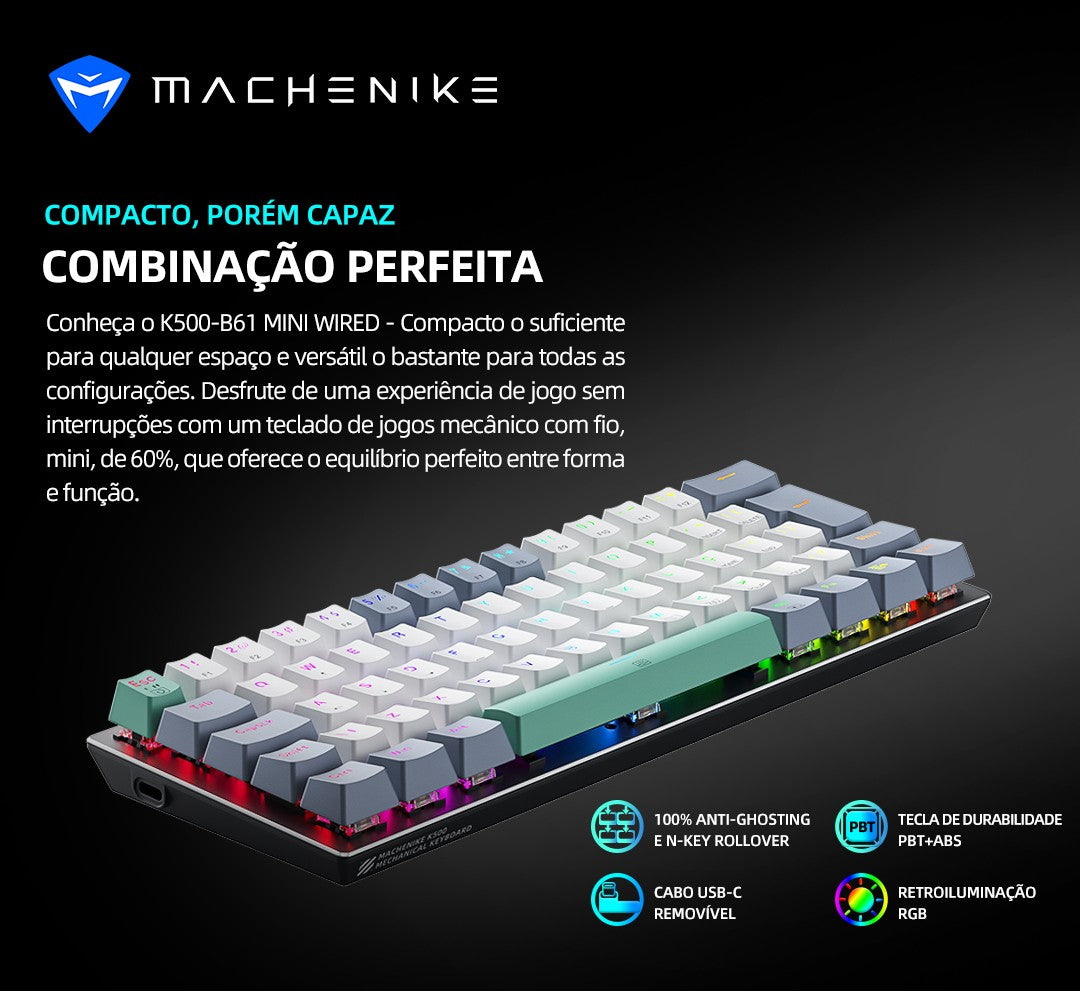Teclado Mecânico Mini Machenike K500-B61 60% Layout ABNT2 Retroiluminação RGB Hot-swappable NKRO Com Fio Para Jogos Gamer PC