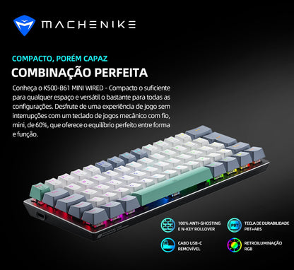 Teclado Mecânico Mini Machenike K500-B61 60% Layout ABNT2 Retroiluminação RGB Hot-swappable NKRO Com Fio Para Jogos Gamer PC