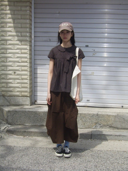 Vintage Plaid Shirts Women Japanese Harajuku Bow Peter Pan Collar Blouses Summer Korean Aesthetic Short Sleeve Casual Tops New