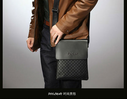 New Men's Single Shoulder Crossbody Bag with Trendy Checkerboard Pattern Embossed Casual Business Bag with Diamond Pattern