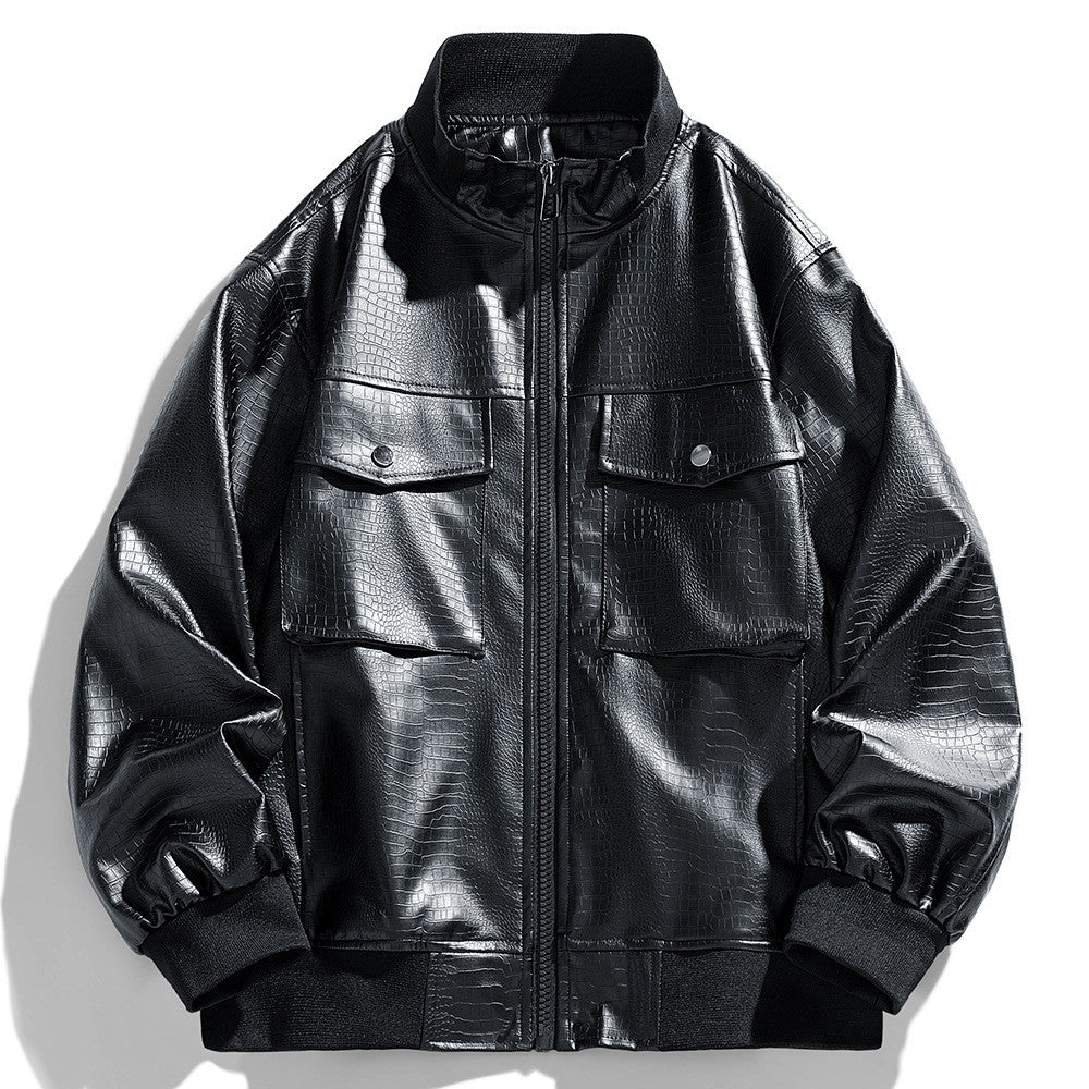 New Spring Autumn Winter PU Leather Stand Collar Open Cardigan Biker Casual Loose Fit Jacket Men's Fashion Outerwear