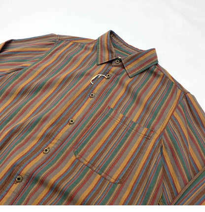 Amikaki Ethnic Style Men's Pure Cotton Colorful Stripes Shirt Loose Ancient Cargo Long Sleeved Shirt Jacket With Chest Pocket