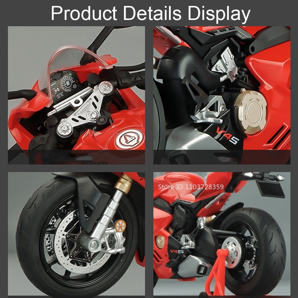 Modelos de motocicleta em miniatura 1:9 Scale 1299 V4S Brinquedos de motocicleta de liga leve com som, luz e absorção de choque, motocicletas de ornamento para presentes infantis