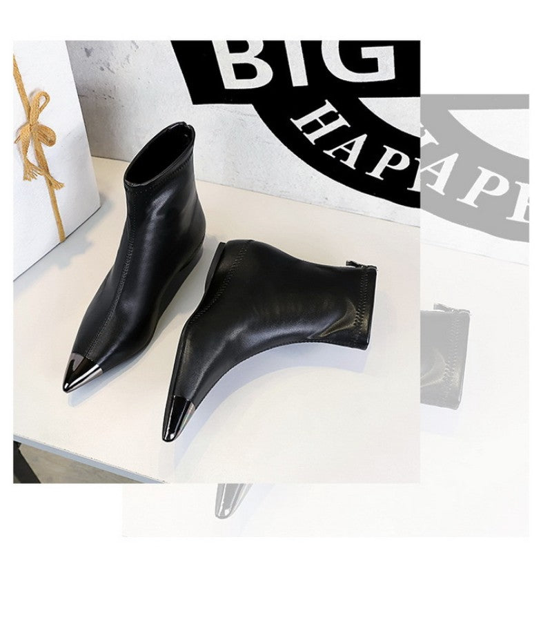 Retro European American Style Versatile Low Heel Heel Heightened Metal Pointed Iron Head Short Tube Women's Boots Short Boots