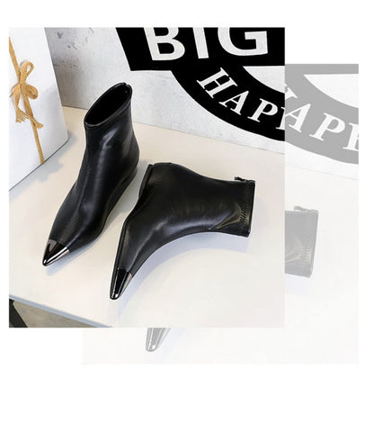 Retro European American Style Versatile Low Heel Heel Heightened Metal Pointed Iron Head Short Tube Women's Boots Short Boots
