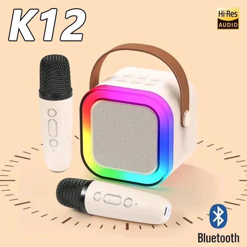 Máquina de karaokê K12 com 1/2 microfones sem fio portátil 5.3 sistema de alto-falante Bluetooth PA luzes RGB áudio doméstico KTV presentes infantis