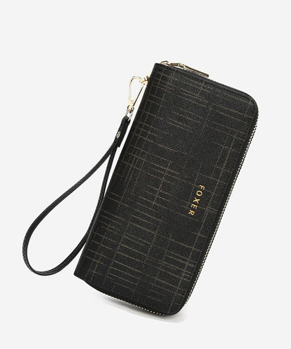 FOXER Split Leather Lady's Wallet Bifold Long Clutch Bag with Wristlet Fashion Card Holder Coin Purse Cellphone Money Bag