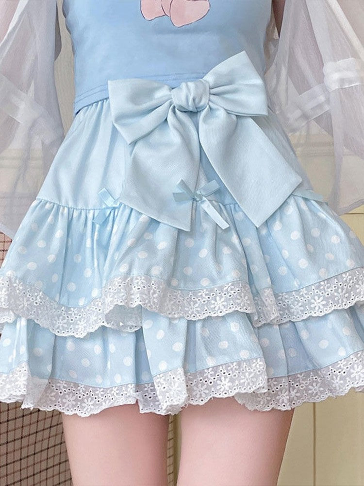 Zoki Kawaii Bow Cake Skirt Women High Waist Cute Dot Sweet Mini Skirts Fashion Casual Japan Female Solid Summer A Line Skirt New