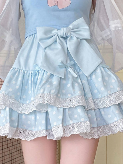Zoki Kawaii Bow Cake Skirt Women High Waist Cute Dot Sweet Mini Skirts Fashion Casual Japan Female Solid Summer A Line Skirt New