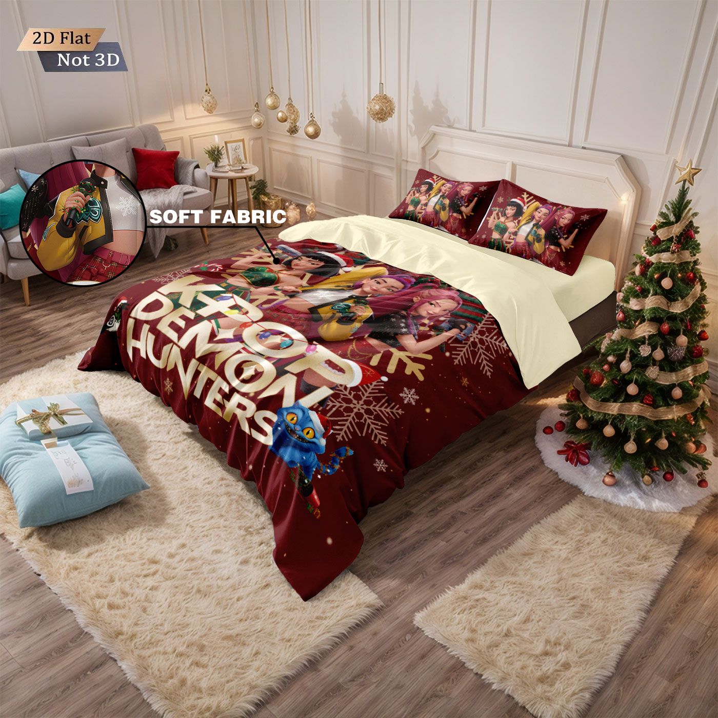 3pcs Christmas K-Pop Demon Hunters Print Coreless Bedding Set Multi Size Bedroom Bedding Decoration Machine Washable
