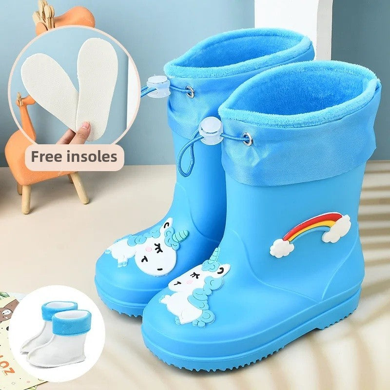 Children's Fleece-Lined Non-Slip Rain Boots For Boys And Girls Cartoon Cute Princess Style Anti-Slip Four Seasons Kids Shoes