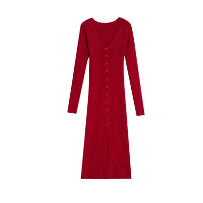2025 Knitted Dress For Women Vintage Fashion Long Sleeve Dresses Solid Single Breasted V Neck Midi Autumn Winter Dress ???????