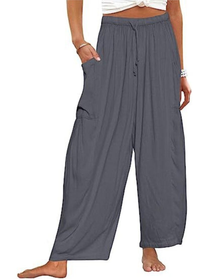 Women's Stretched-waist Pleated High-waisted Wide-leg Trousers Spring Autumn Fashion Cotton Linen Pocket Casual Trousers Woman
