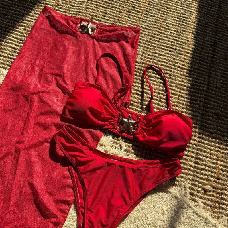 Womens 3 Piece Bikini Sets Sexy Bandeau Swimsuits for Women Lace Up Mid Rise Ruched Strapless Bathing Suits