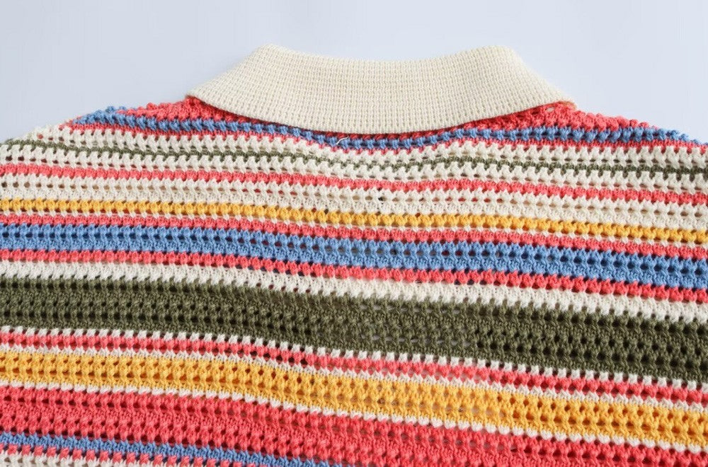 TRZA-Women's Striped Crochet Knit Crop Sweater, Polo Collar, Short Sleeve, Button-up, Female Outerwear, Chic Tops, Fashion