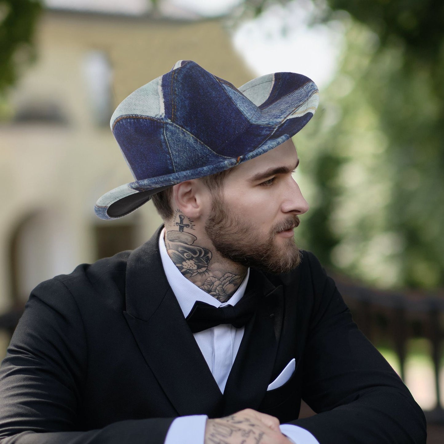 Western Cowboy Hat 56-58cm Polyester Patchwork Vintage Denim Print Wide Brim Flat Top Costume Cosplay Party Western Cowgirl Hat