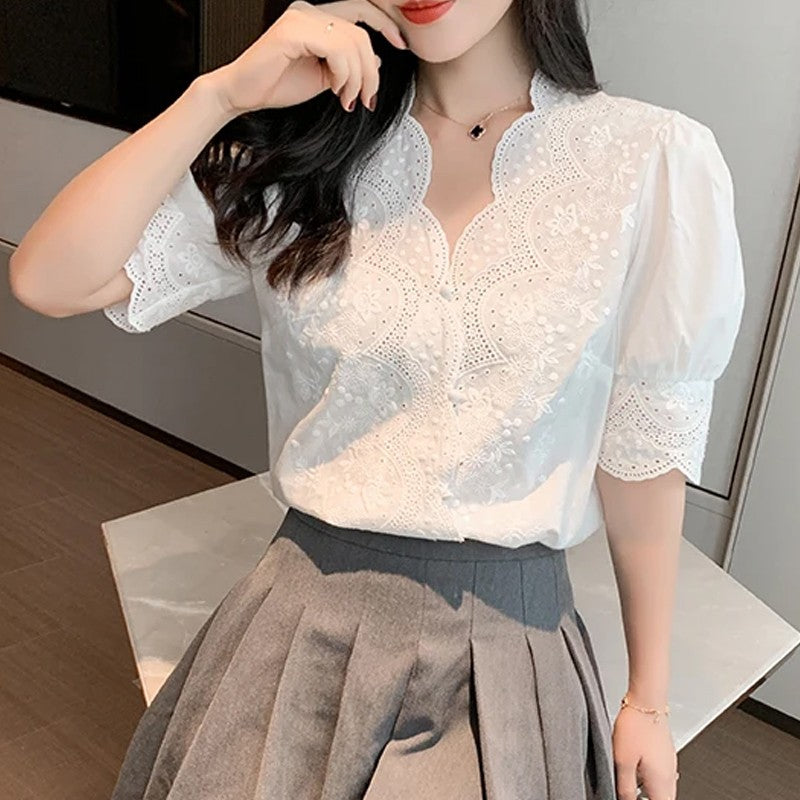 Summer Lace Embroidery Woman Blouse Fashion Hollow Out Stylish Elegant White Shirts Vintage Casual Half Sleeve Tops Blusas 13102