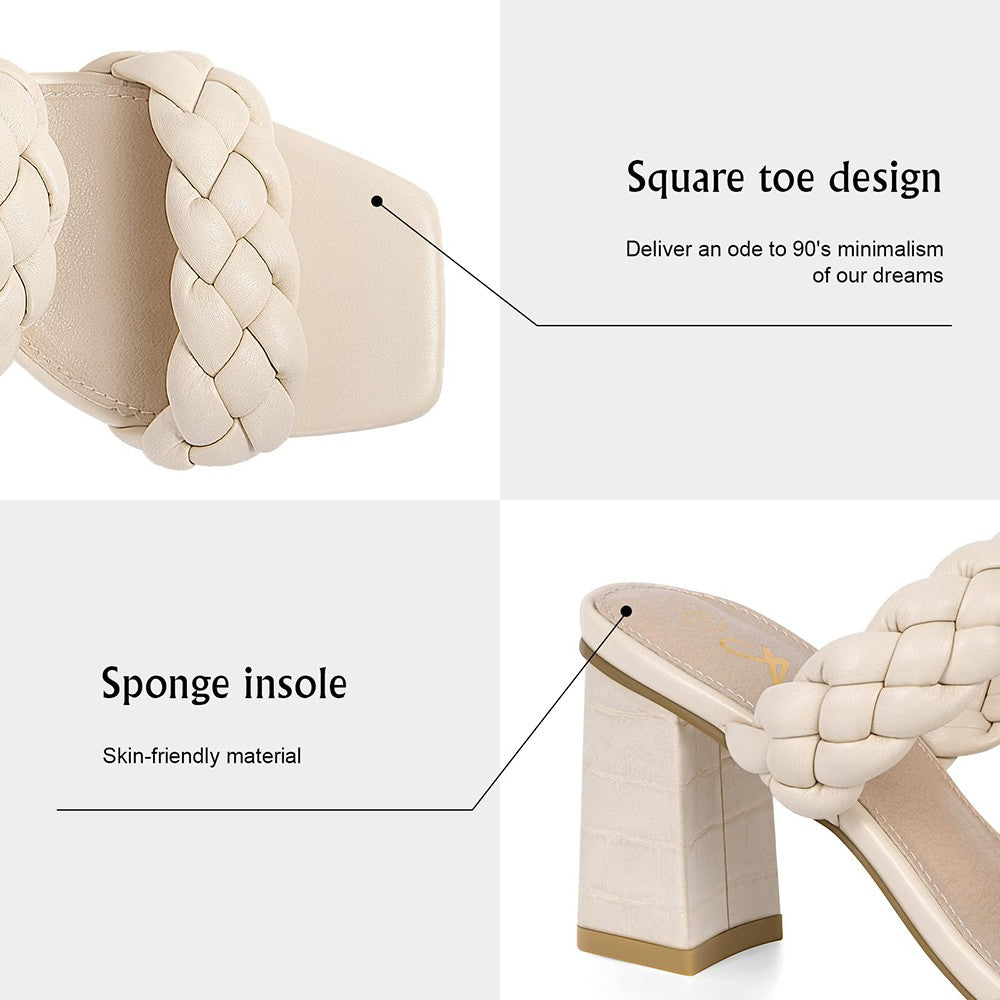 Elegant Women's Braided Heels Sandalias Fashion Strappy Square Sandals Open Toe Backless Mules Slip On Block Heeled Shoes