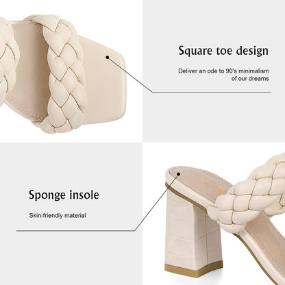 Elegant Women's Braided Heels Sandalias Fashion Strappy Square Sandals Open Toe Backless Mules Slip On Block Heeled Shoes