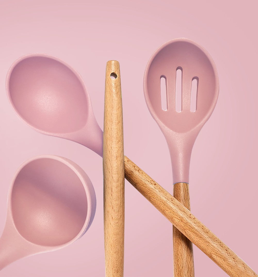Silicone Kitchenware Cooking Utensils Set Non-stick Cookware Spatula Shovel Egg Beaters Wooden Handle Kitchen Cooking Tool Set