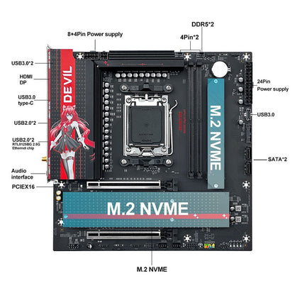 Placa-mãe AM5 DDR5 96GB GAMING Chipset AMD B650 WiFi 6 PCIe 4.0 3x M.2 USB 3.2 Tipo-C 9000MHz para AMD Ryzen 7 9700X, Micro ATX