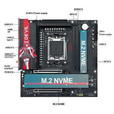 JGINYUE B650M NIGHT DEVIL Desktop Gaming Motherboard AM5 DDR5 96GB 9000MHz M-ATX USB 3.2 M.2x2 for AMD Ryzen 7 9700X