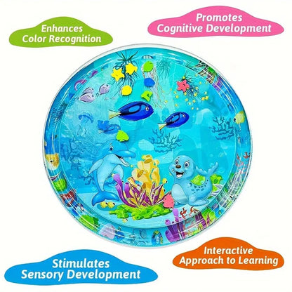 1pc 100cm/39.4inch PVC Baby Playing Water Mat Blue Round Seal Pattern Toddler Pad Kids Early Education Activity Toys Mat Cushion