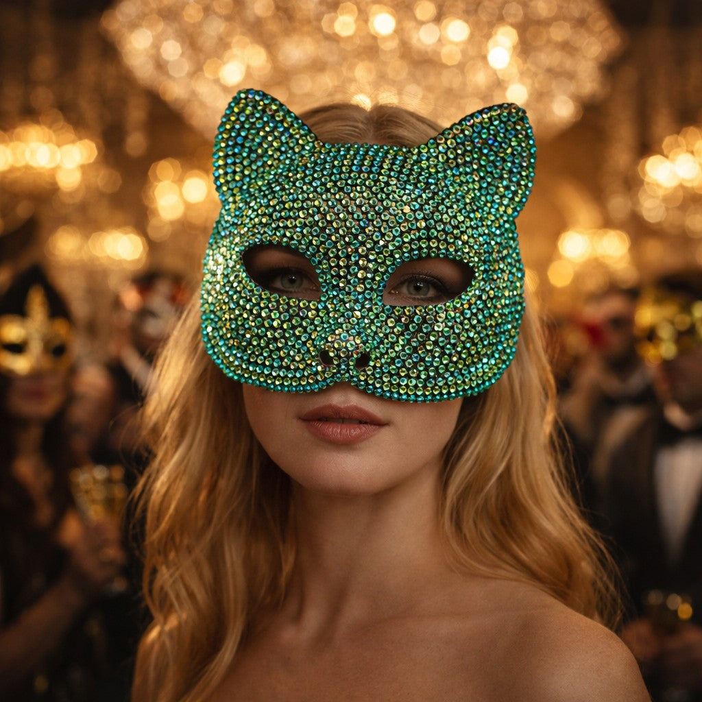 Rhinestone Cat Masquerade Mask, Crystal Studded Half Face Mask for Women Halloween Party and Cosplay