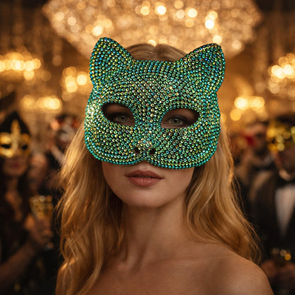 Rhinestone Cat Masquerade Mask, Crystal Studded Half Face Mask for Women Halloween Party and Cosplay