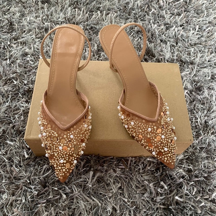 Fashion High Heeled Formal Party Shoes for Lady Luxury Sequin Pearl Stiletto Elengat Mesh Slingbacks Women Modern Sandals