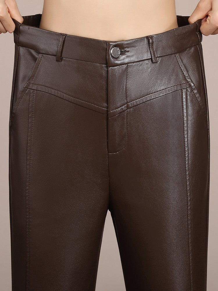 ZUZK Winter Pu Leather Pants New Elastic Waist Straight Pants PU Leather Trousers Large Size Fashion Warm Long Pants
