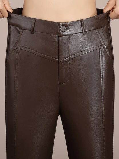 ZUZK Winter Pu Leather Pants New Elastic Waist Straight Pants PU Leather Trousers Large Size Fashion Warm Long Pants