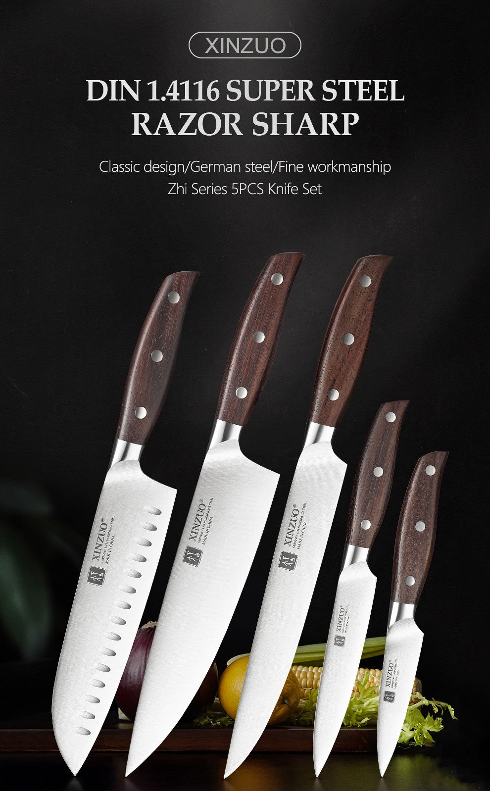 XINZUO 1PC/5PCS High Quality 3.5+5+8+8+8"  Paring Utility Cleaver Chef Knife Germany 1.4116 Stainless Steel Kitchen Knife Sets