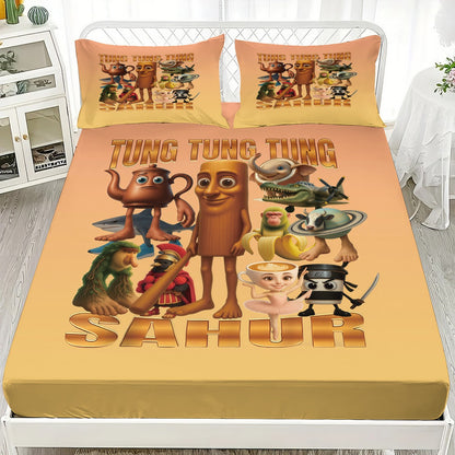 Cartoon ai Brainrot Tung Tung Sahur Team Fitted Sheet Print coreless Fitted Sheet Set Soft Bedspread Bedroom Bedding Decoration