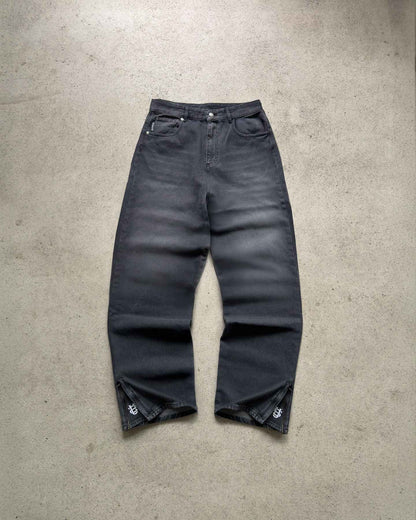Calça jeans Hip-hop com moedas douradas Y2K retro cintura baixa perna larga com zíper calças jeans soltas bordadas moda masculina Y2K