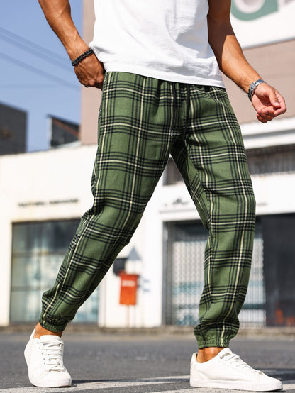 Calças Masculinas Xadrez com Punho Calças de Pijama Confortáveis para Estilo Relaxado