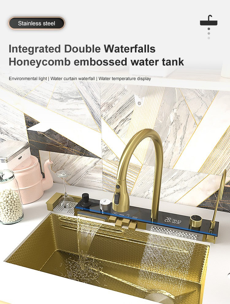 Stainless Steel kitchen Sink With Waterfall Golden Large Single Slot Multifunctional Digital Display Sinks 100*50CM