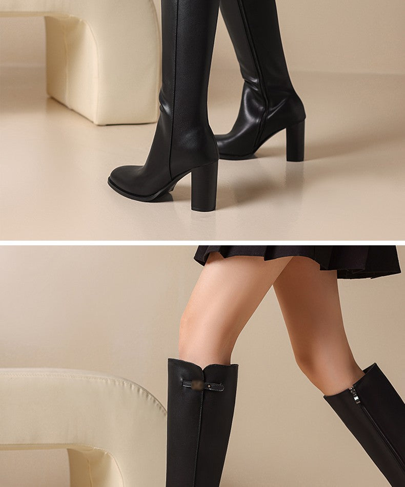 Ods Soft Cow Leather Black Knee High Boots Chunky Mid Heels Zipper Women's Long Boot Big Size Luxury Designer Sexy Shoes 4143 46