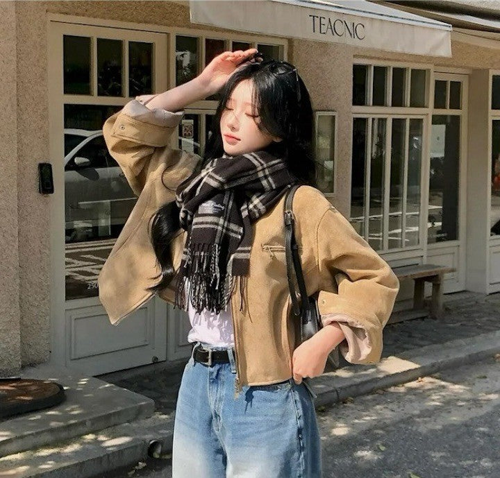 Retro American Coffee Brown Copper Zipper Button Short Jacket 2025 Autumn Trendy PU Leather Jacket Versatile for Dynamic Women