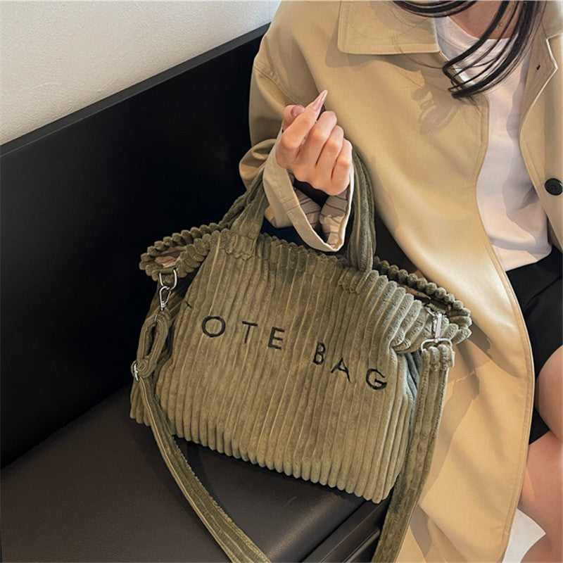 Large Capacity Striped Velvet Handbag Shoulder Bag for Woman Handbags Crossbody Bags, Versatile Letter Corduroy Women's Tote Bag