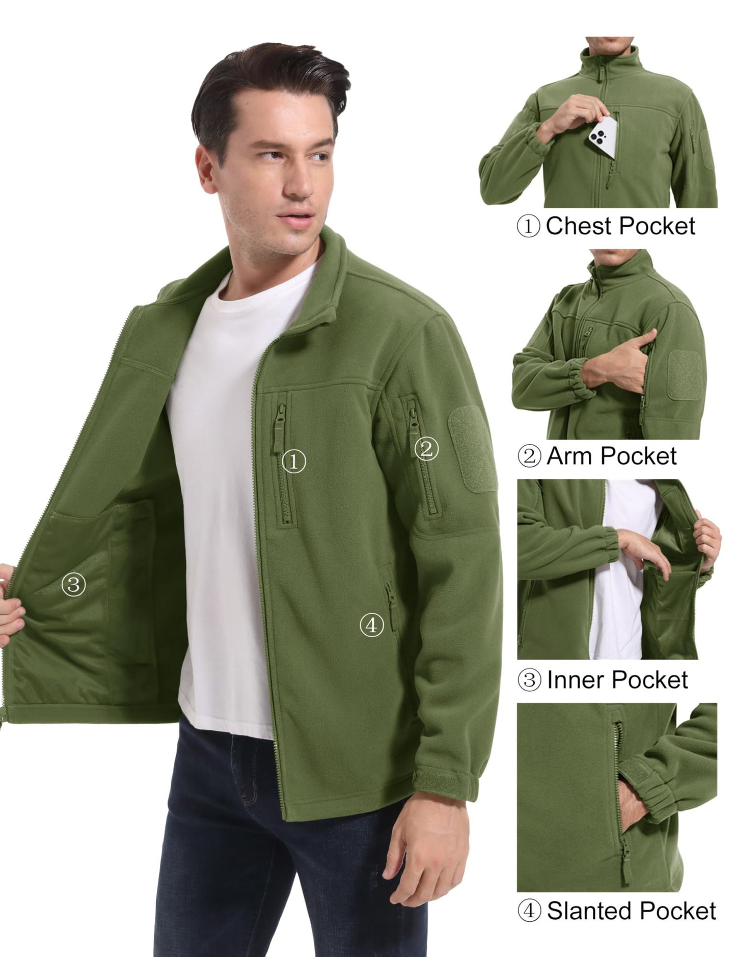TACVASEN Winter Fleece Jacket Mens Zipper Pockets Work Jacket Thermal Warm Full Zip Fishing Hiking Coats Outwear Man Windbreaker