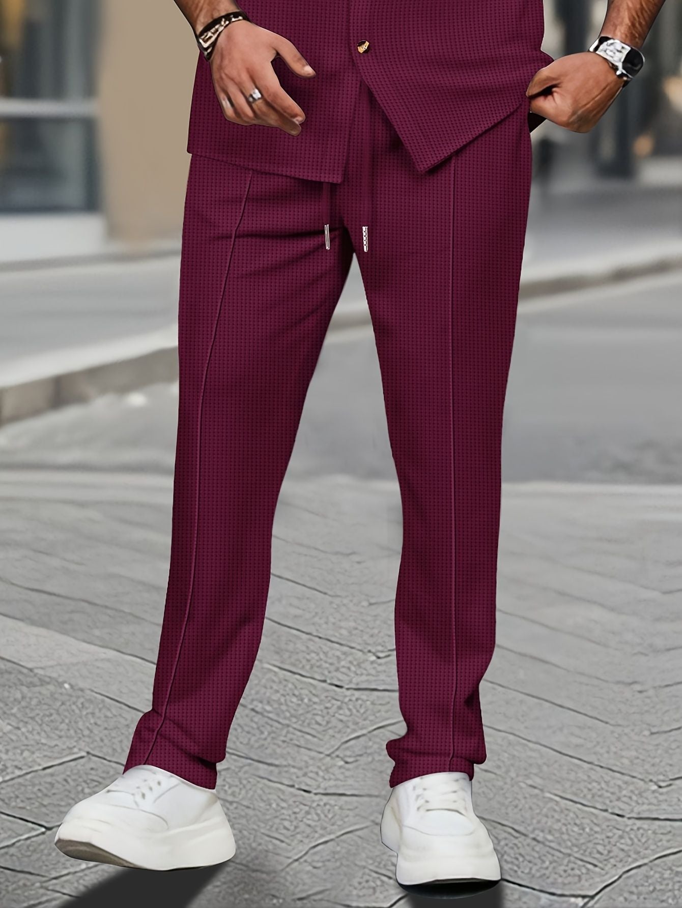 Calça Masculina Casual de Waffle de Cintura Média Calça Leve e Elegante Adequada para Todas as Estações
