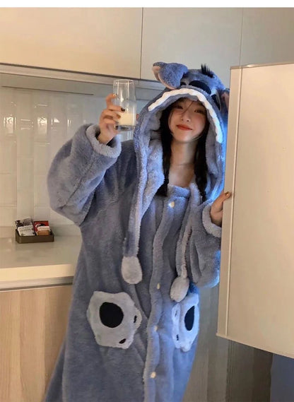 Disney Stitch Winter Pajamas Cartoon Autumn And Winter Cute Coral Thickened Velvet Long Home Clothes Pajamas Girls Home Clothes