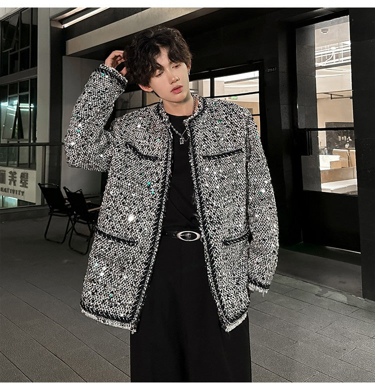 Korean Fashion Shiny Sequin Jacket Sliver Round Collar Long Sleeve Jackets Coats Autumn New Ladies Gentleman High Street