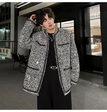 Korean Fashion Shiny Sequin Jacket Sliver Round Collar Long Sleeve Jackets Coats Autumn New Ladies Gentleman High Street
