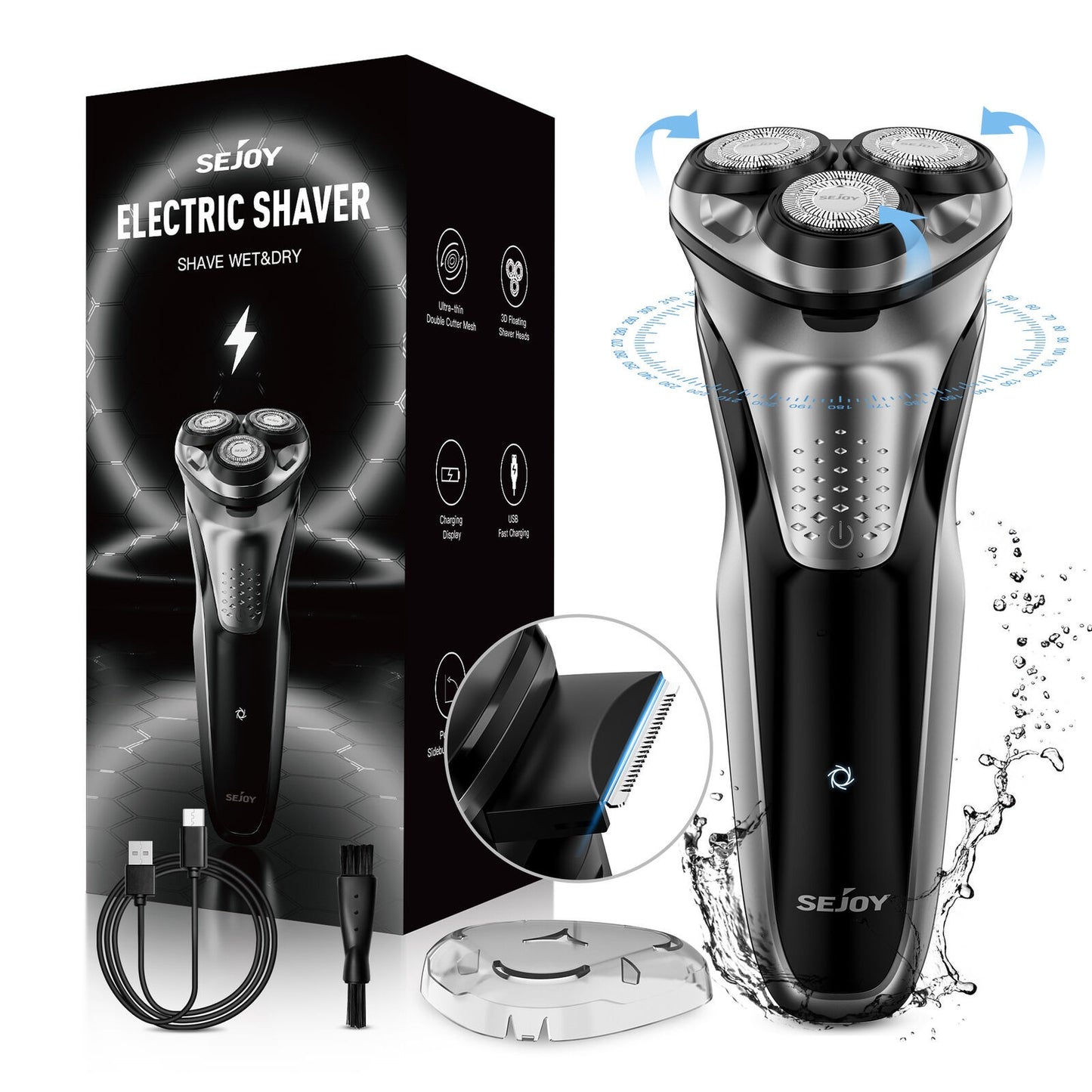 Sejoy Electric Shaver for Men 3D Floating Wet Dry Rotary Shaving Machine Rechargeable Hair Trimmer Waterproof Razor