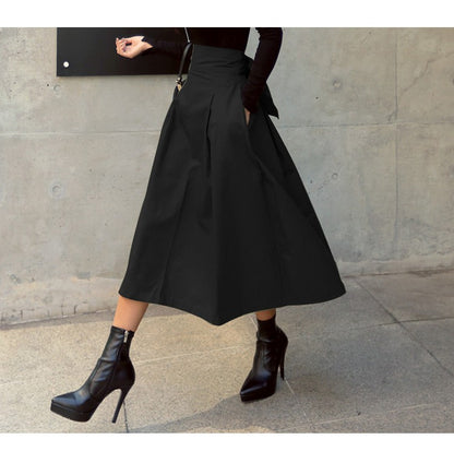 Skirts Womens Korean Fashion Solid Color Big Swing Ladies Skirt Long Skirt 2025 Autumn Wild High Waist Bow Slim Skirts
