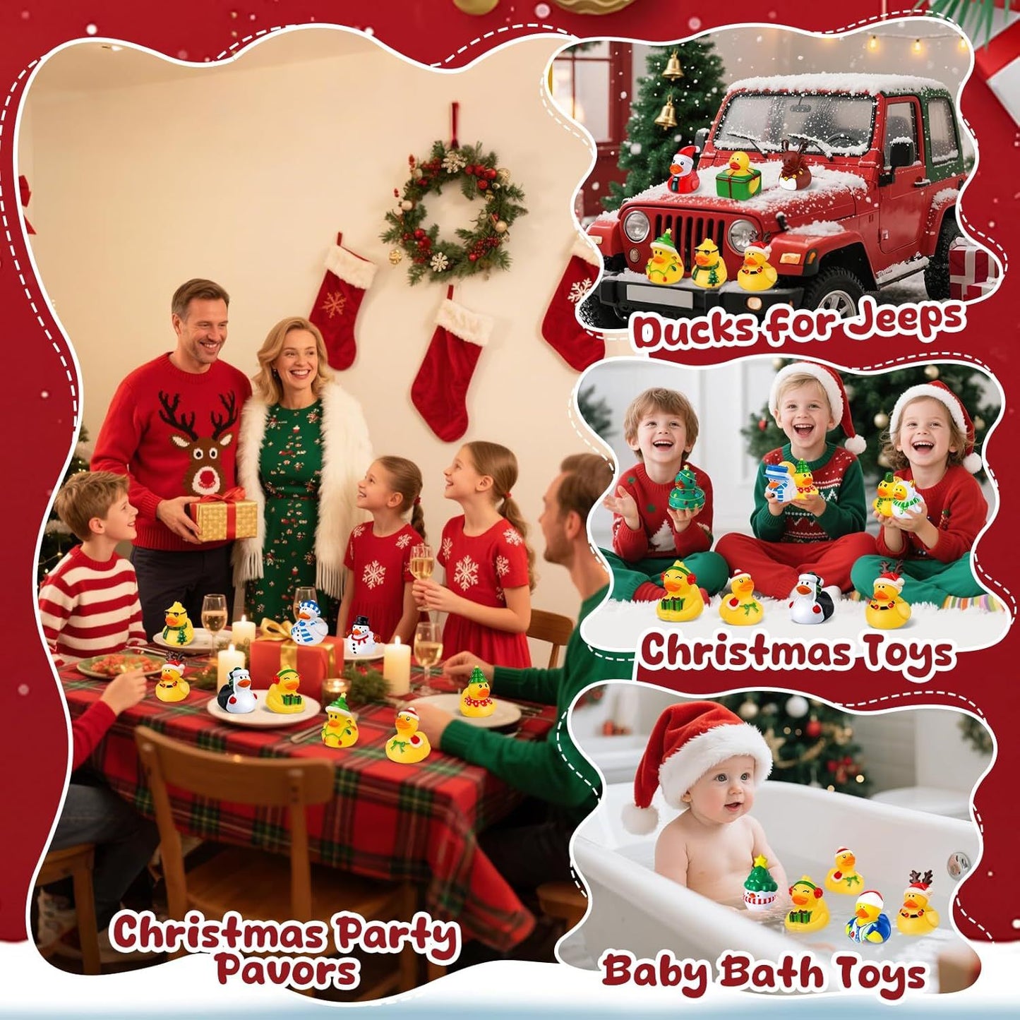 12-100pcs Christmas Rubber Ducks Bulk?Jeep Duckies Toys for for Kids Christmas Decor, Xmas Stocking Stuffers, Gift Exchange