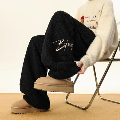 Women's Embroidered Flannel Sweatpants American Lamb Fleece Cotton Thickened Warm Couple Skiing Pants Autumn