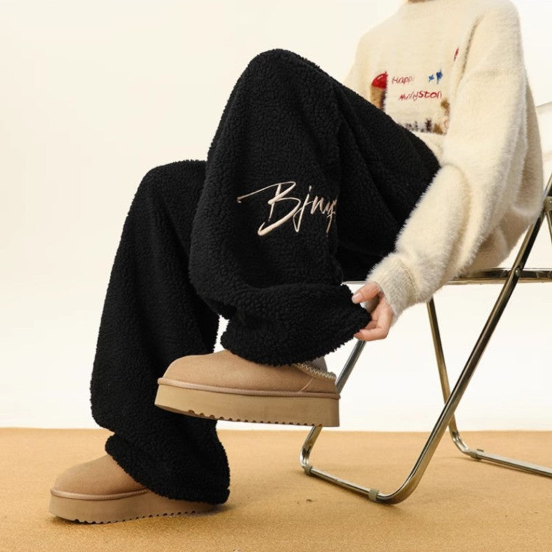 Women's Embroidered Flannel Sweatpants American Lamb Fleece Cotton Thickened Warm Couple Skiing Pants Autumn